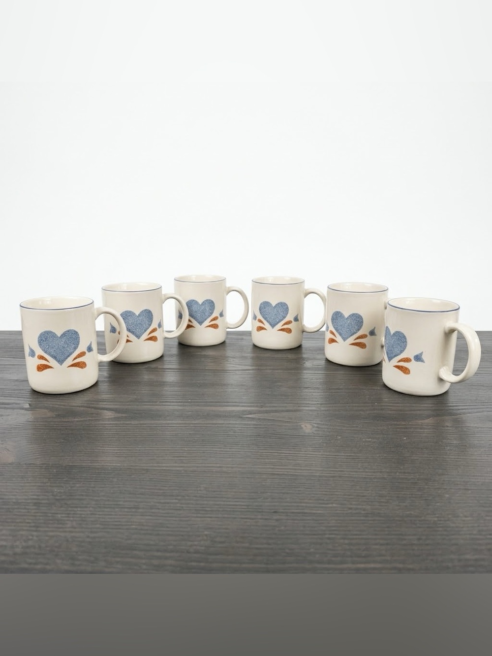 Corelle Cream Mugs with Blue Heart and Brown Accent - Set of 6